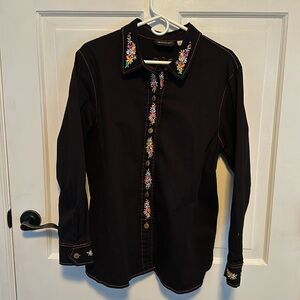 Vintage 90s Bob Mackie Wearable Art Embroidered May Pole Floral Button Up Size L
